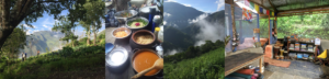 Image shows permaculture garden, organic home cooked meal, community ceremony temple space and view from the top of our ayahuasca center mountain top