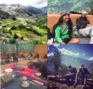 Image shows the Peruvian Andes on the way to the ayahuasca and huachuma centre, a shipibo elder healer with Roman, a sharing circle after ayahuasca ceremony