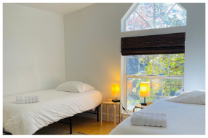 bedroom in cabin at retreat center