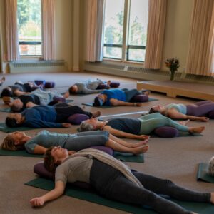 Group of people laying on the ground for a restorative yoga class at Mount Madonna