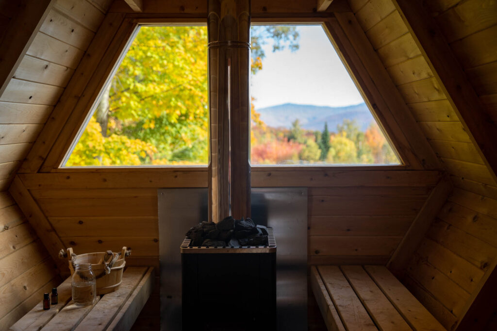 Interior of the wood-fired sauna at Sterling Forest Lodge
