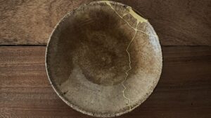 Aerial photo of a bowl that has been repaired with gold