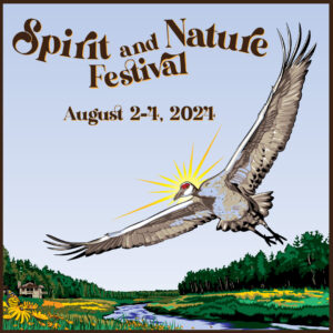 Banner reads: "Spirit and Nature Festival. August 2-4, 2024." A sandhill crane illustration soaring through the blue sky above the river valley at Song of the Morning.