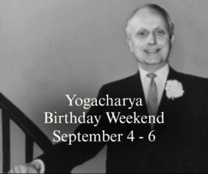 Black and white portrait photograph of Yogacharya Oliver Black with text overlay reading “Yogacharya Birthday Weekend September 4–6.”