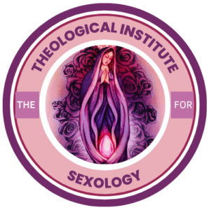 A round logo with a pink background. Purple text reads "The Theological Institute for Sexology." In the middle is an image of the Virgin Mary surrounded by roses. The design is reminiscent of a vulva.