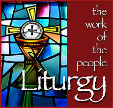 A stained glass window of a Eucharistic Host and chalice. Words next to it read "the work of the people: Liturgy."