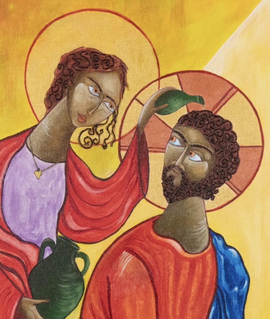 An icon of Mary Magdalene anointing Jesus.