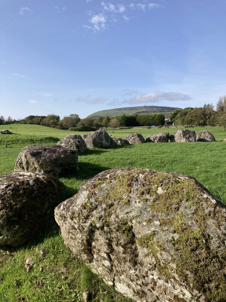 A circle of mossy standing stones in a circle on a green field.