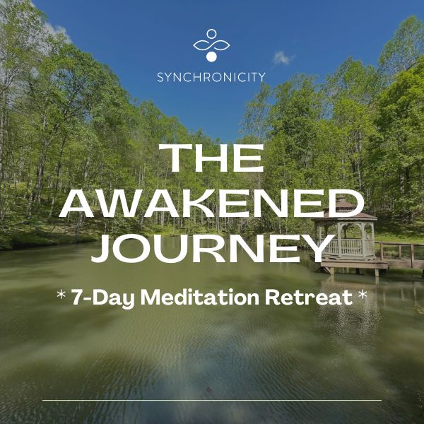 A picture of the pond at Sanctuary Retreat Center with a gazebo, behind writing that says, "The Awakened Journey 7-Day Meditation Retreat."