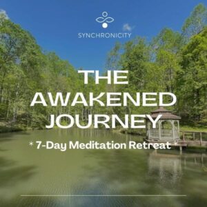 A picture of the pond at Sanctuary Retreat Center with a gazebo, behind writing that says, "The Awakened Journey 7-Day Meditation Retreat."